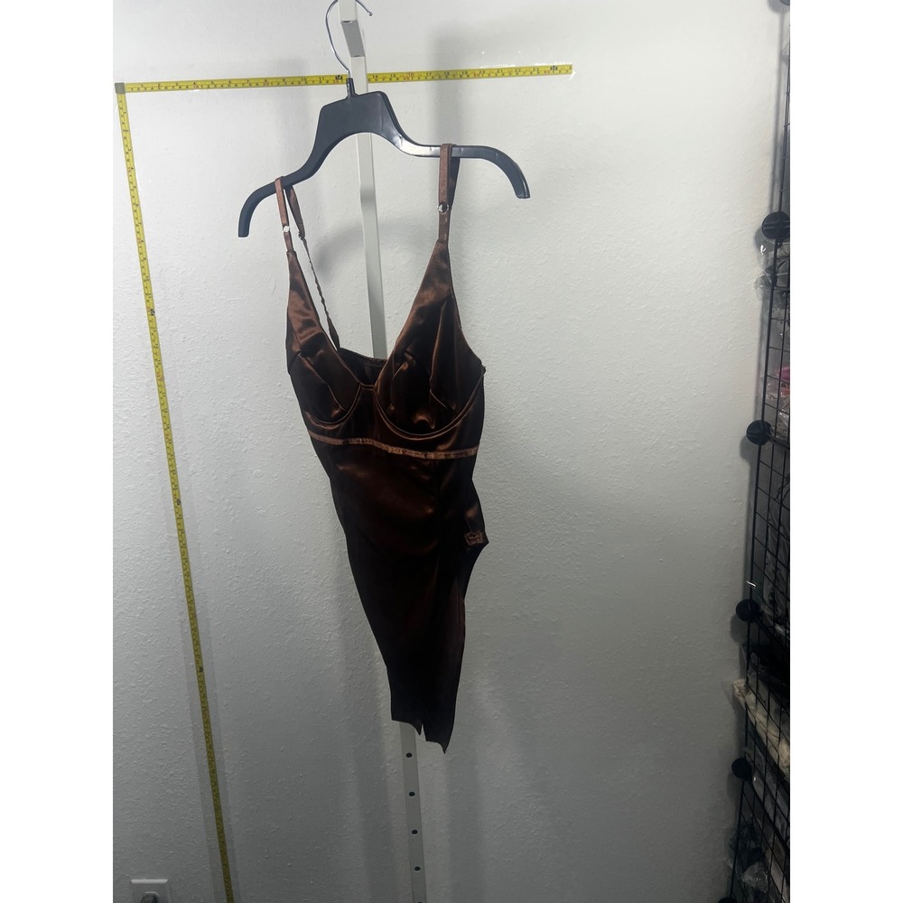 Chocolate Brown Satin Underwire Bodysuit Adjustable Straps L